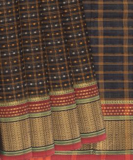 Black Handloom Chettinad Cotton Saree With Dots & Checks

