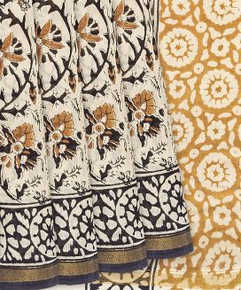 Taupe Woven Chanderi Cotton Saree Printed Kalamkari Flower Motifs 
