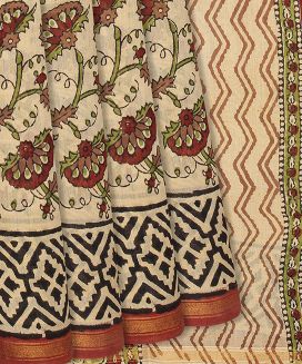 Taupe Woven Chanderi Cotton Saree Printed With Floral Motifs 
