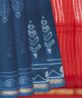 Indigo Woven printed Chanderi Cotton Saree With Contrast Pallu
