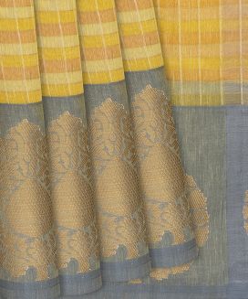 Yellow Blended Chanderi Cotton Saree With Checks
