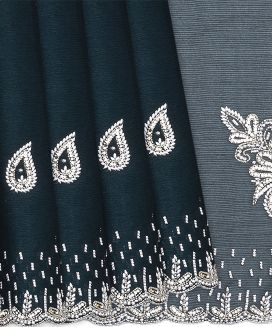 Teal Woven Blended Crepe Saree With Embroidered Floral Motifs

