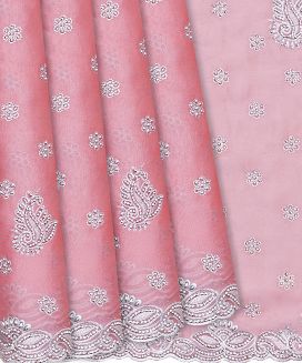 Baby Pink Woven Blended Crepe Saree With Embroidered Floral Motifs
