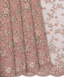 Dusty Pink Woven Net Embroidered Saree With Floral Motifs
