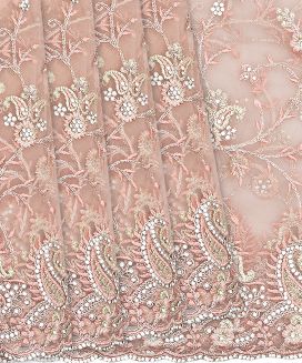 Light Peach Woven Net Embroidered Saree With Floral Vine Motifs
