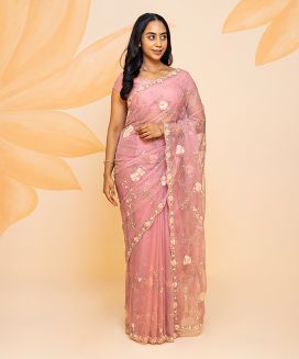 Baby Pink Pure Georgette Saree Embroidered With Floral Motifs
