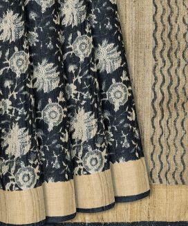 Midnight Blue Handloom Tussar Silk Saree With Printed Floral Motifs
