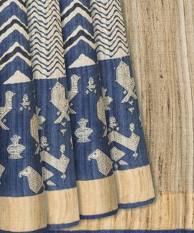Steel Blue Handloom Tussar Silk Saree With Printed Bird Motifs
