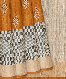 Orange Handloom Tussar Silk Saree With Printed Floral Motifs
