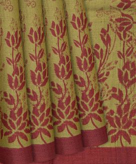 Sage Green Handloom Tussar Silk Saree With Printed Floral Motifs
