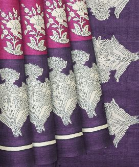 Baby Pink Handloom Tussar Silk Saree With Printed Floral Motifs
