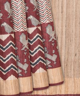 Chestnut Pink Handloom Tussar Silk Saree With Printed Bird Motifs

