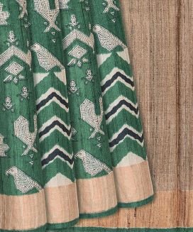 Sea Green Handloom Tussar Silk Saree With Printed Bird Motifs
