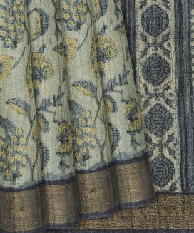 Grey Handloom Tussar Silk Saree With Printed Floral Motifs

