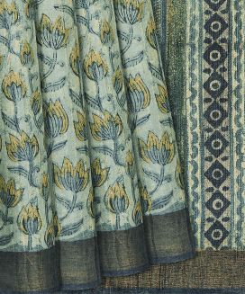 Light Blue Handloom Tussar Silk Saree With Printed Floral Motifs
