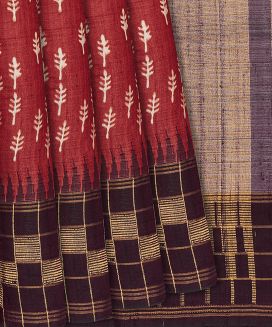 Crimson Handloom Tussar Silk Saree With Printed Floral Motifs

