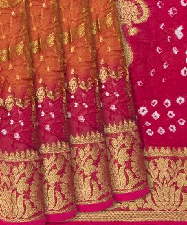 Orange Woven Blended Bandhej Saree With Checks
