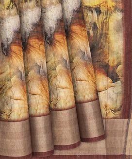 Brown Woven Blended Dupion Saree Printed With Floral Motifs
