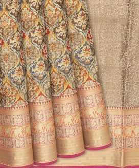 Peach Woven Blended Dupion Saree With Printed Floral Motifs
