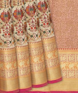 Taupe Woven Blended Dupion Saree With Printed Floral Motifs
