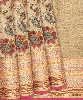 Beige Woven Blended Dupion Saree With Printed Floral Vine Motifs
