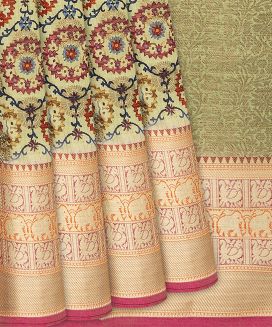 Beige Woven Blended Dupion Saree With Printed Floral Motifs
