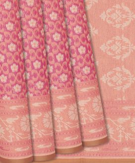 Bubble Gum Pink Handloom Chanderi Cotton Saree With Kamalam Motifs
