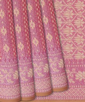 Bubble Gum Pink Handloom Chanderi Cotton Saree With Floral Motifs
