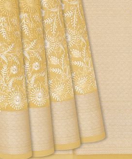 Yellow Woven Kora Saree With Embroidered Floral Motifs

