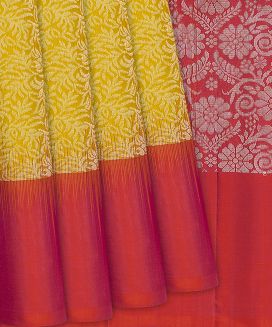 Lemon Yellow Handloom Soft Silk Saree With Floral Motifs
