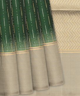 Dark Green Handloom Soft Silk Saree With Dotted Stripes & Taupe Border
