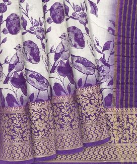 Purple Woven Chanderi Viscose Printed Saree With Bird Motifs
