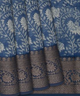 Light Blue Chanderi Cotton Saree With Floral Printed Motifs
