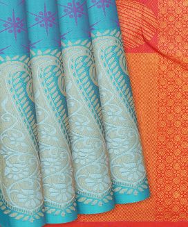 Cyan Handloom Kanchipuram Silk Saree With Mango Motifs

