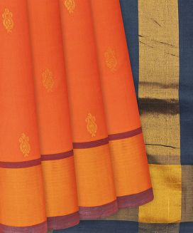 Orange Handloom Poly Cotton Saree With Flower Motifs
