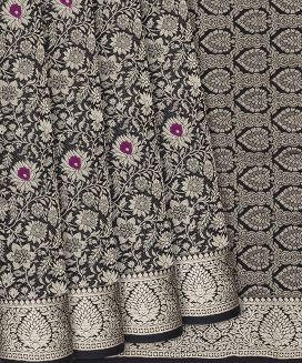 Black Woven Mysore Crepe Silk Saree With Meena Floral Vine Motifs
