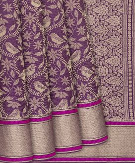 Lilac Mysore Crepe Silk Saree With Bird Vine Motifs
