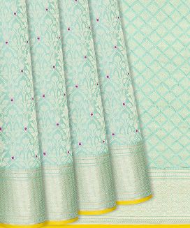 Turquoise Mysore Crepe Silk Saree With Floral Jaal Motifs
