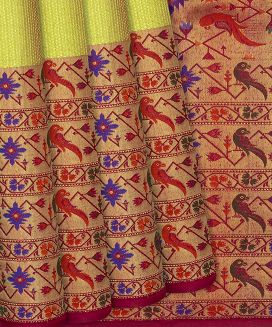 Golden Handloom Kanchipuram Silk Saree With Meena Parrot Motifs
