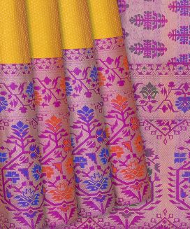 Yellow Handloom Kanchipuram Silk Saree With Meena Floral Motifs
