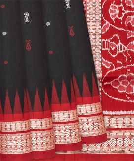 Black Handloom Orissa Ikat Silk Saree With Red Border
