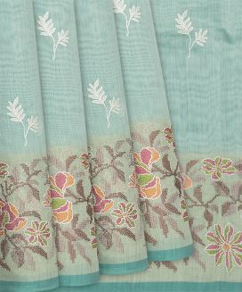 Turquoise Blended Linen Saree With Embroidery Floral Motifs 
