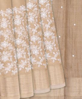 Taupe Woven Chanderi Cotton Saree With Embroidered Floral Motifs
