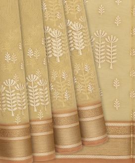 Beige Woven Blended Organza Saree With Floral Motifs
