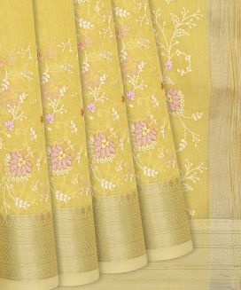 Yellow Woven Blended Linen Saree With Embroidery Floral Motifs
