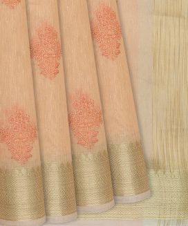 Peach Woven Blended Linen Saree With Embroidery Floral Motifs
