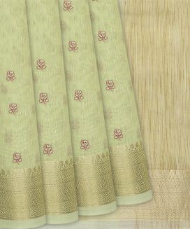 Cardamom Green Woven Blended Linen Saree With Embroidery Floral Motifs
