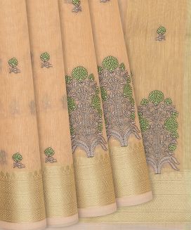 Peach Woven Blended Linen Saree With Embroidery Meena Floral Motifs
