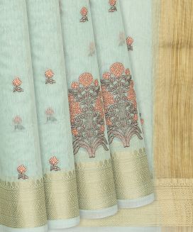 Turquoise Woven Blended Linen Saree With Embroidery Meena Floral Motifs
