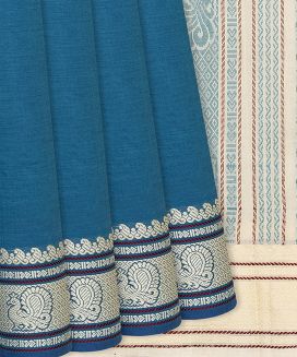 Turquoise Handloom Plain Poly Cotton Saree With Annam Motifs
